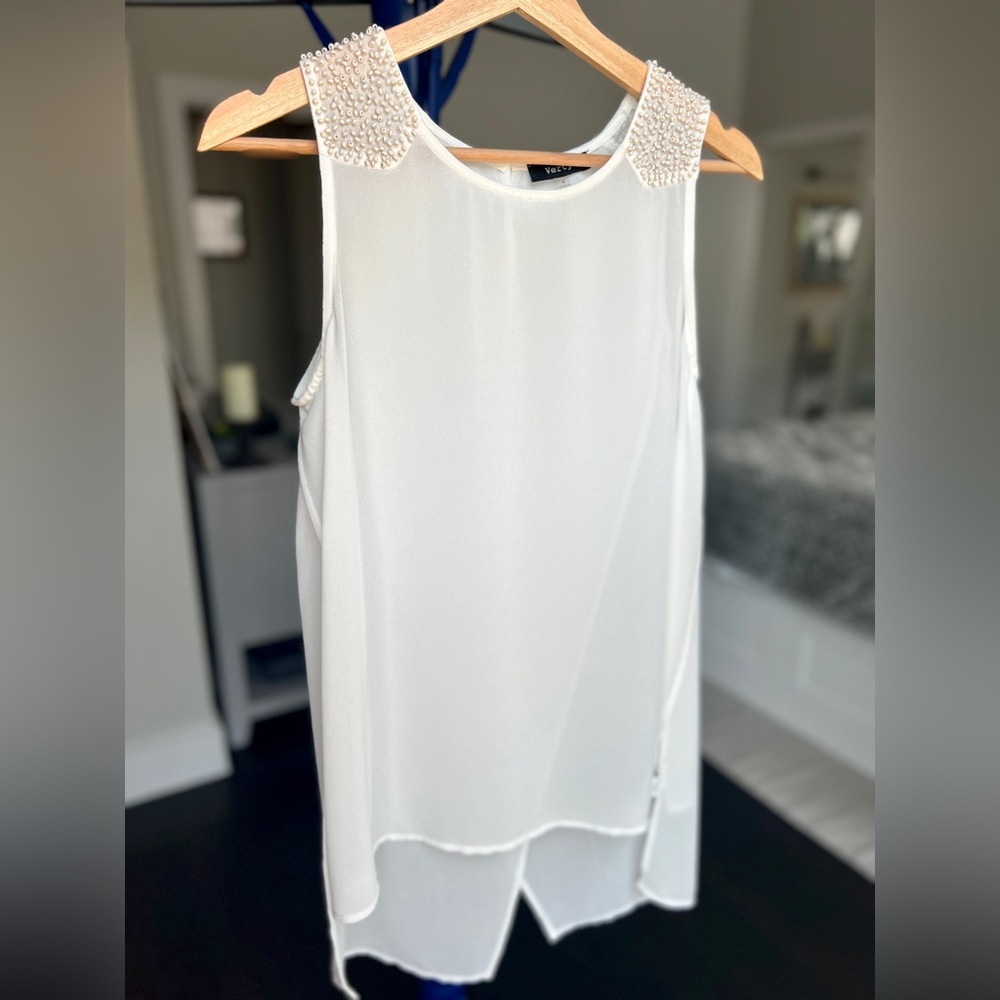 Sleeveless Top Beaded Shoulders White Flowy